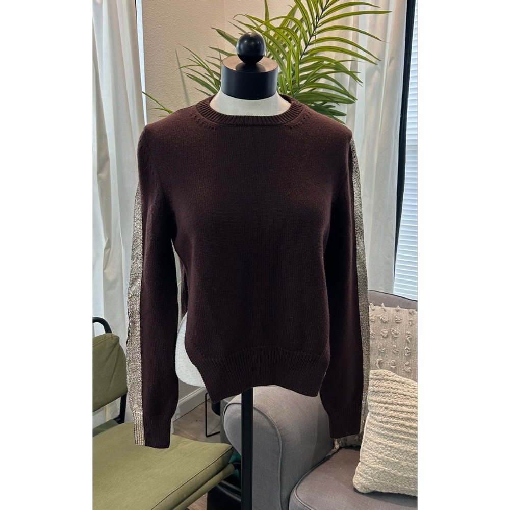 Suno Women’s Wool Crew Neck Sweater Size Large Brown Gold High Low Long Sleeve